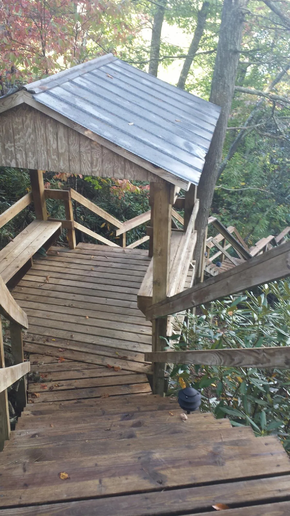 Metal roofed shelter over wooden steps on a wooded walkway — Skylight Repair & Installation work by our crew in Holly
